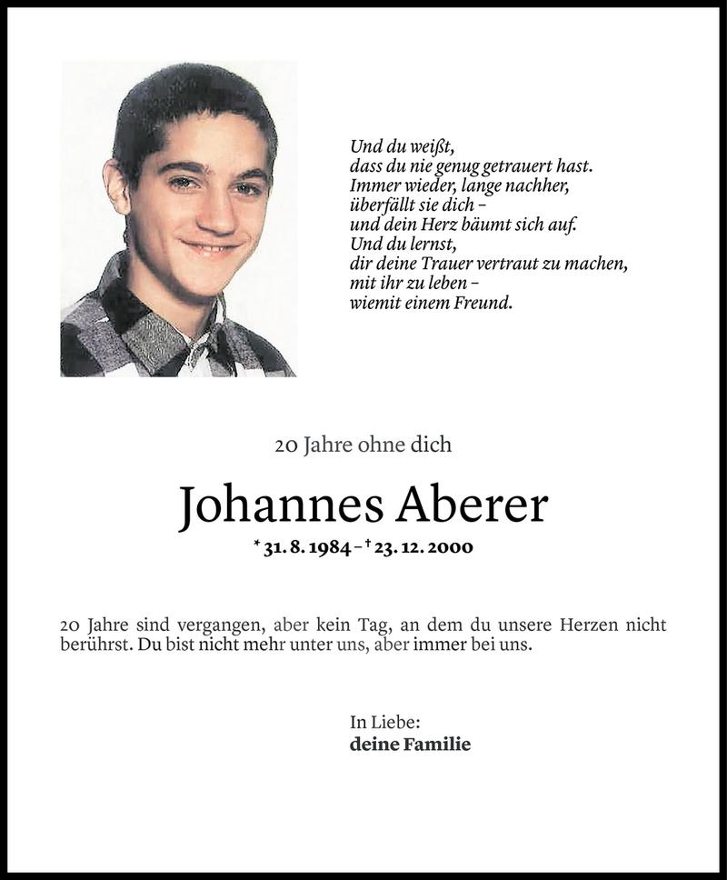  Todesanzeige für Johannes Aberer vom 22.12.2020 aus Vorarlberger Nachrichten