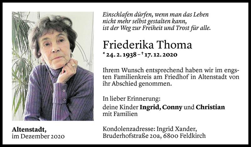  Todesanzeige für Friederika Thoma vom 28.12.2020 aus Vorarlberger Nachrichten