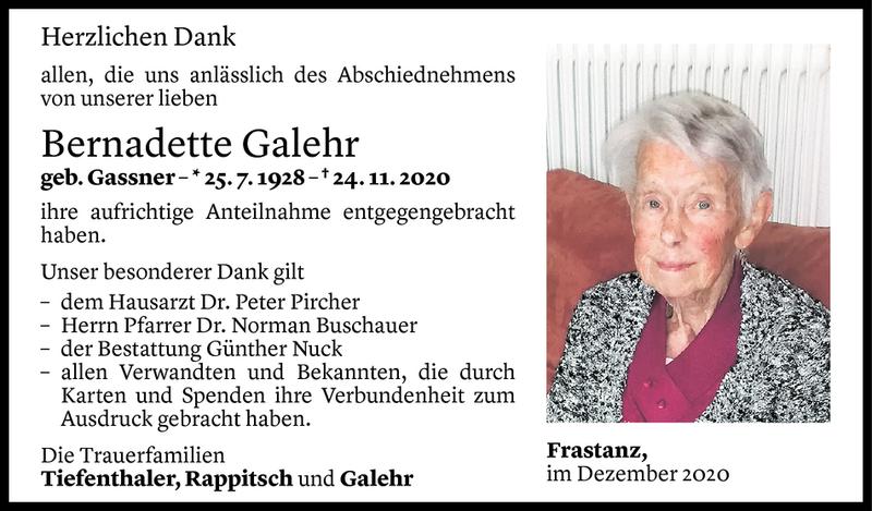  Todesanzeige für Bernadette Galehr vom 27.12.2020 aus Vorarlberger Nachrichten