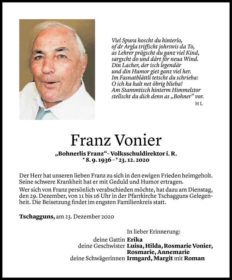  Todesanzeige für Franz Vonier vom 27.12.2020 aus Vorarlberger Nachrichten