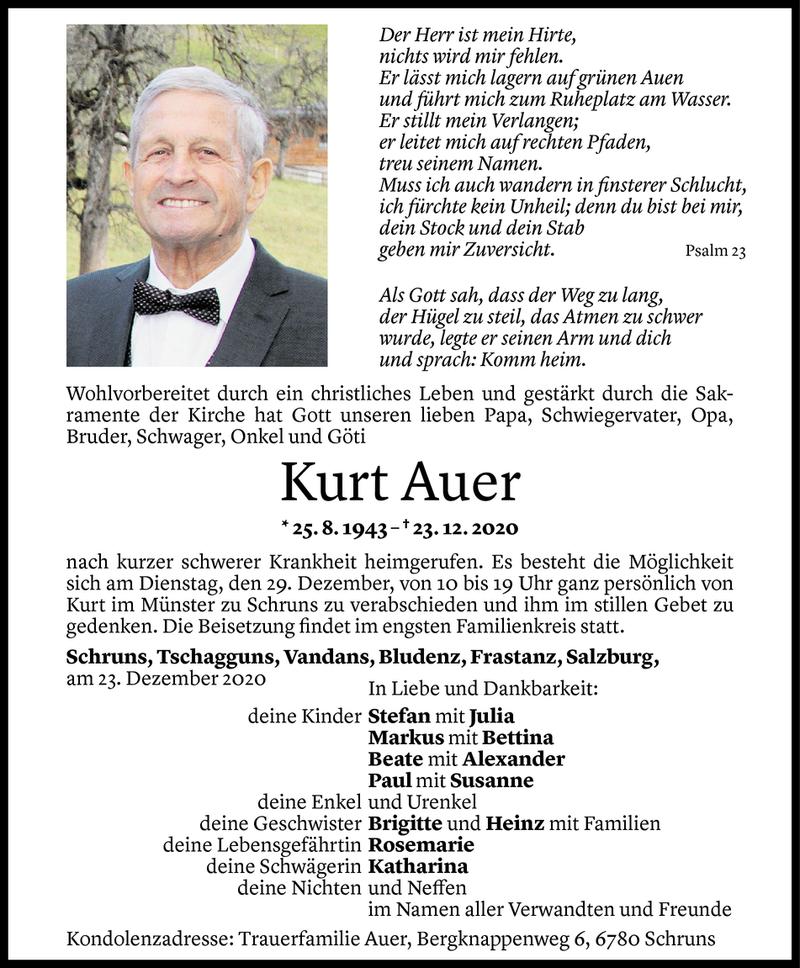  Todesanzeige für Kurt Auer vom 27.12.2020 aus Vorarlberger Nachrichten