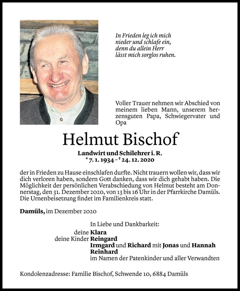  Todesanzeige für Helmut Bischof vom 28.12.2020 aus Vorarlberger Nachrichten