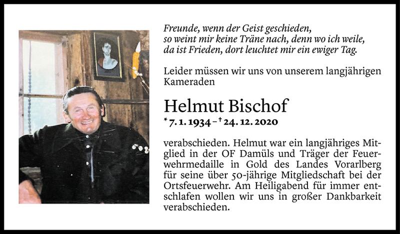  Todesanzeige für Helmut Bischof vom 27.12.2020 aus Vorarlberger Nachrichten