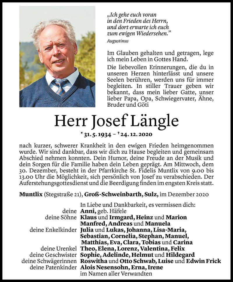  Todesanzeige für Josef Längle vom 28.12.2020 aus Vorarlberger Nachrichten