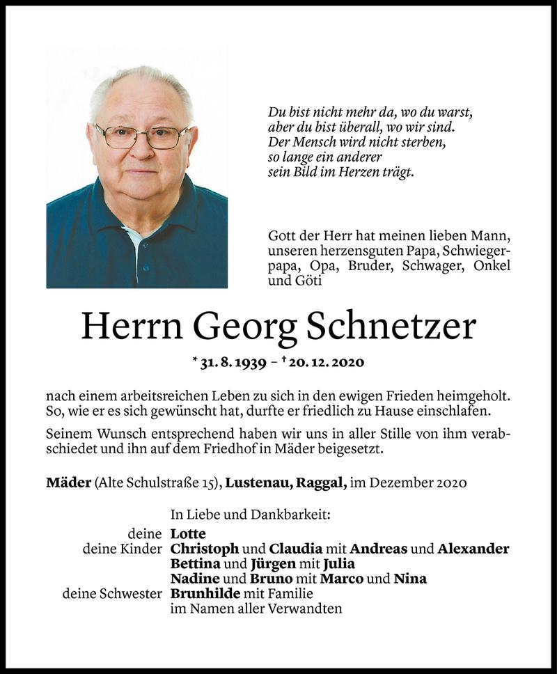  Todesanzeige für Georg Schnetzer vom 28.12.2020 aus Vorarlberger Nachrichten