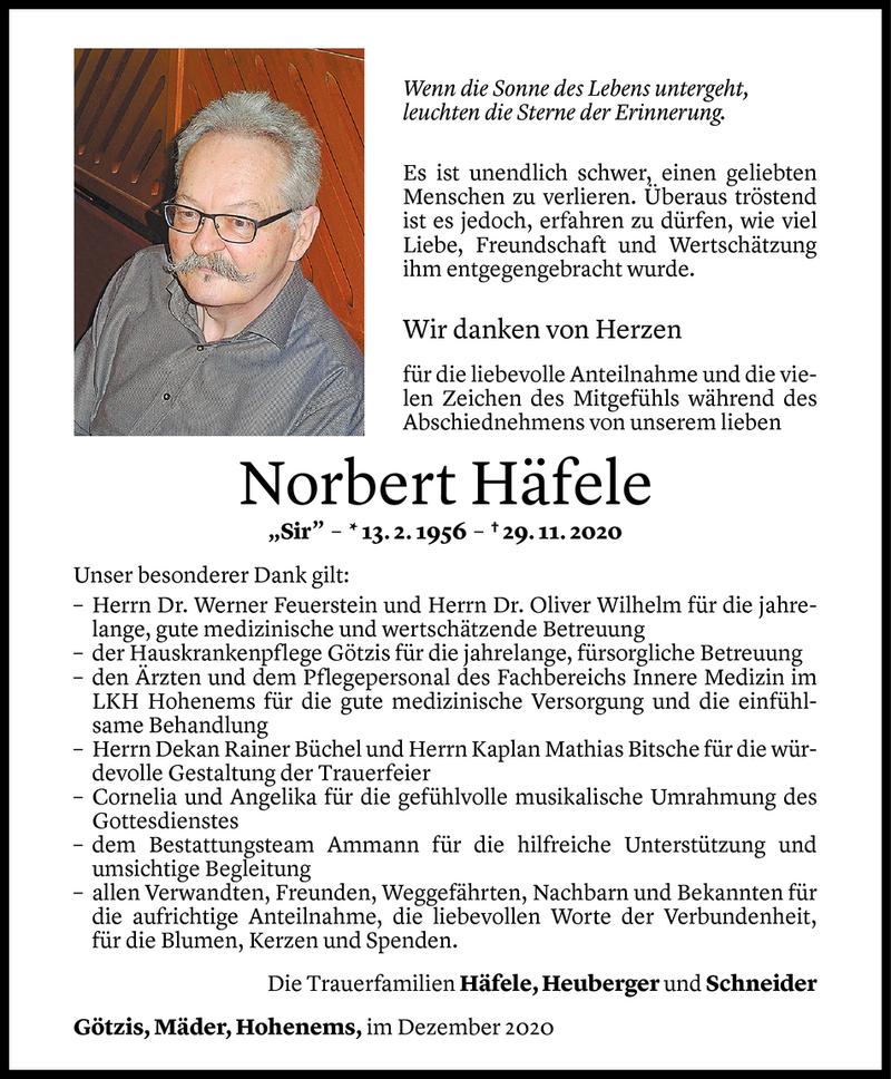  Todesanzeige für Norbert Häfele vom 30.12.2020 aus Vorarlberger Nachrichten