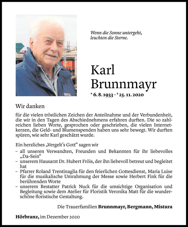  Todesanzeige für Karl Brunnmayr vom 01.01.2021 aus Vorarlberger Nachrichten