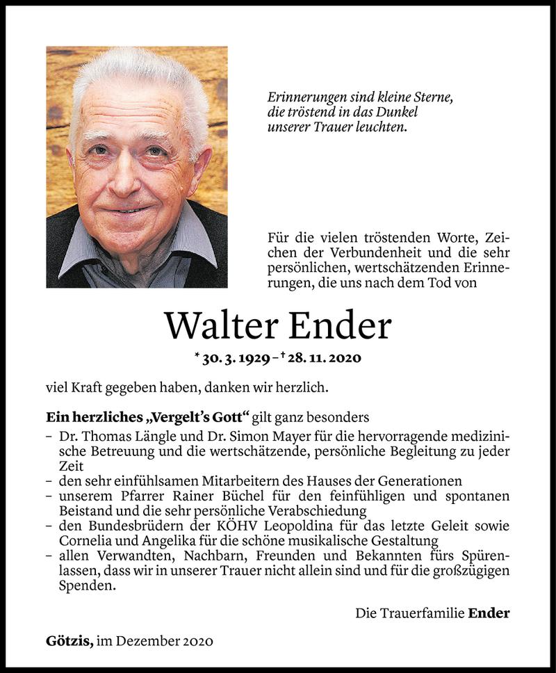  Todesanzeige für Walter Ender vom 30.12.2020 aus Vorarlberger Nachrichten