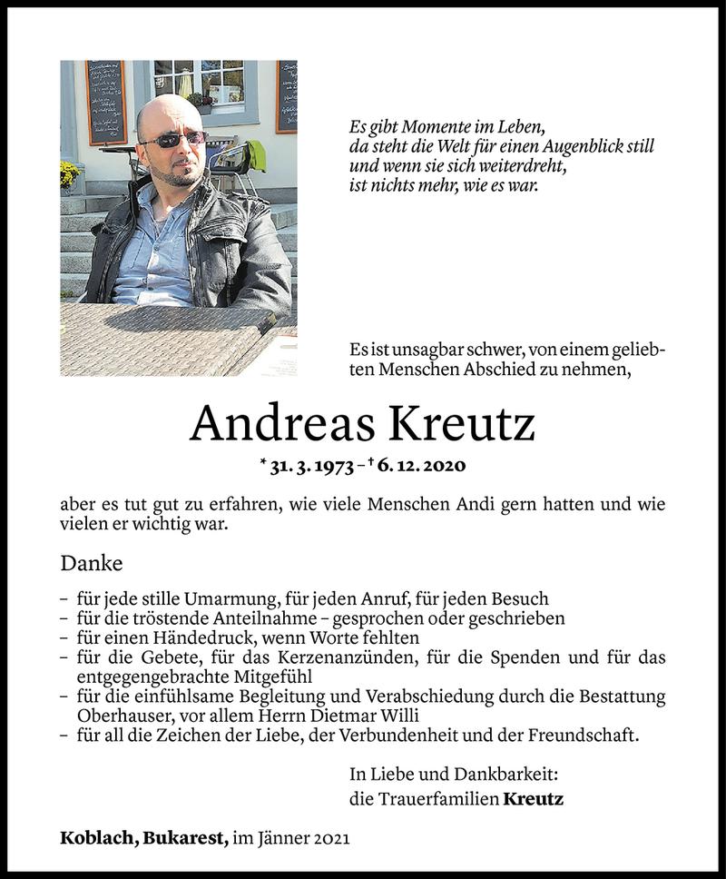  Todesanzeige für Andreas Kreutz vom 01.01.2021 aus Vorarlberger Nachrichten