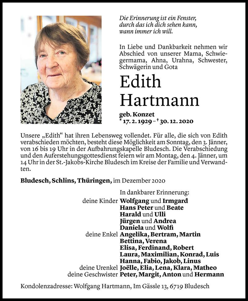 Todesanzeigen von Edith Hartmann | Todesanzeigen Vorarlberger Nachrichten