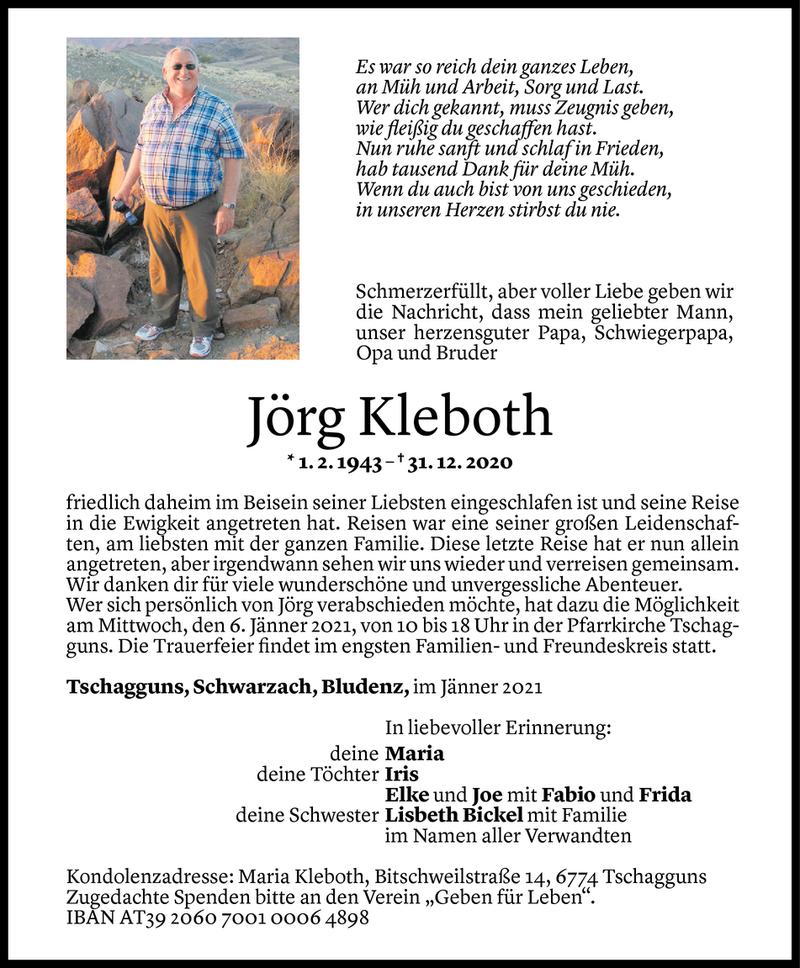 Todesanzeige für Jörg Kleboth vom 01.01.2021 aus Vorarlberger Nachrichten