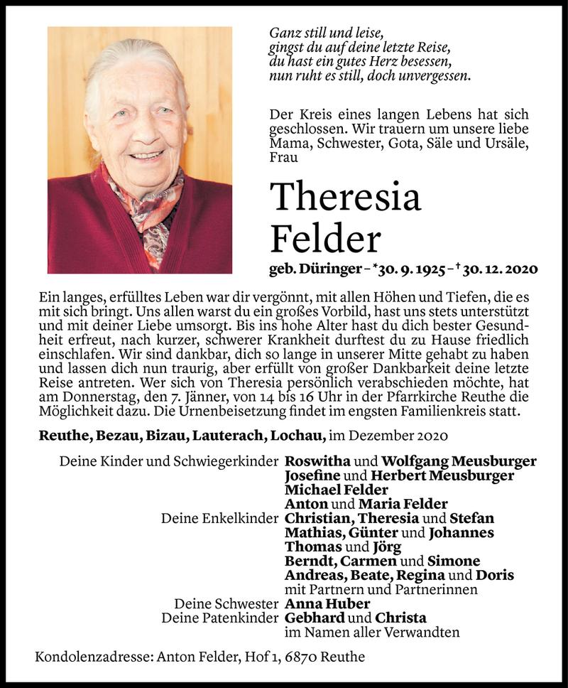  Todesanzeige für Theresia Felder vom 05.01.2021 aus Vorarlberger Nachrichten