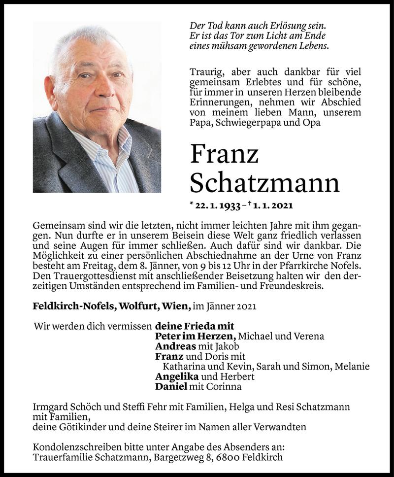  Todesanzeige für Franz Schatzmann vom 04.01.2021 aus Vorarlberger Nachrichten