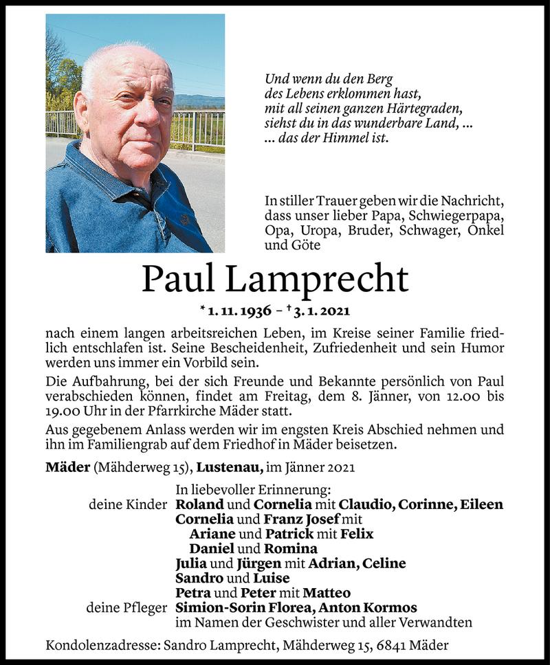  Todesanzeige für Paul Lamprecht vom 06.01.2021 aus Vorarlberger Nachrichten