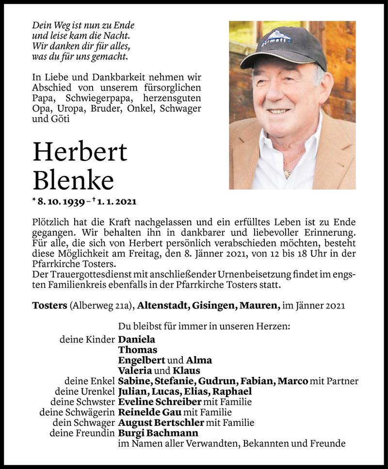  Todesanzeige für Herbert Blenke vom 06.01.2021 aus Vorarlberger Nachrichten