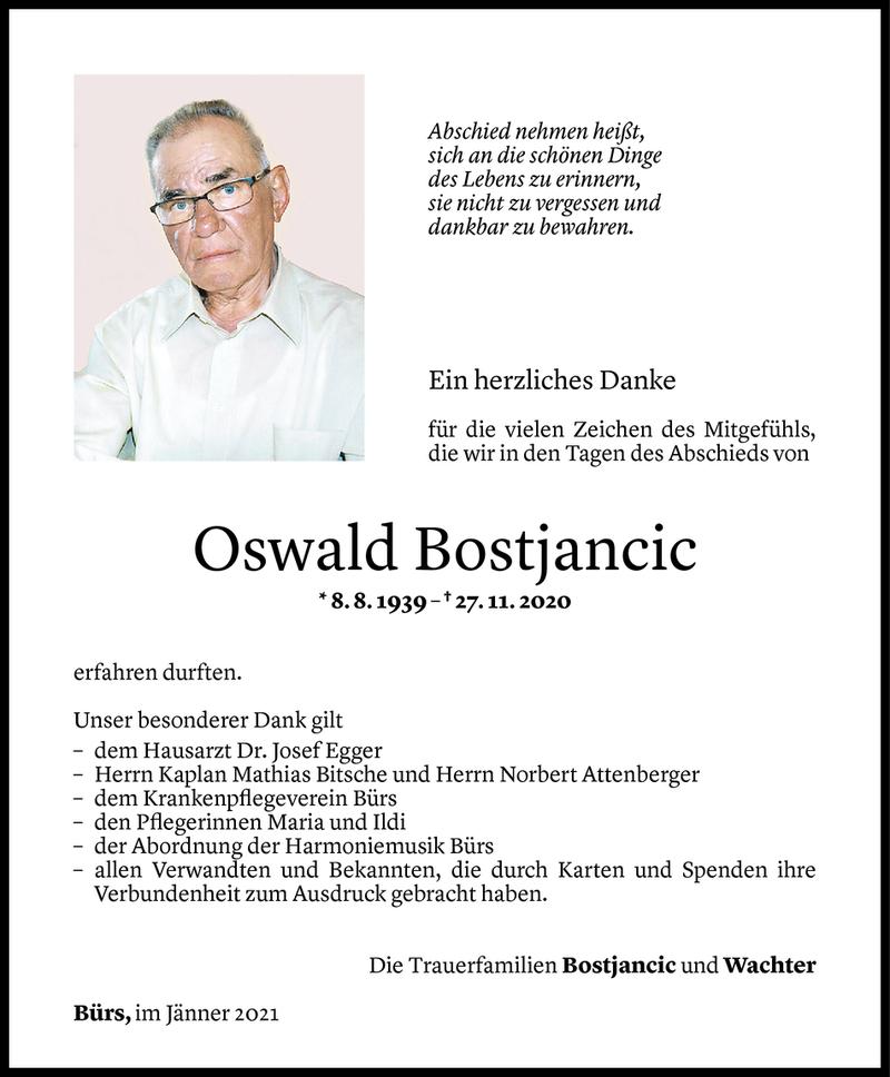  Todesanzeige für Oswald Bostjancic vom 08.01.2021 aus Vorarlberger Nachrichten
