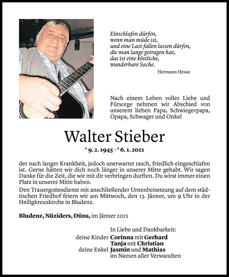  Todesanzeige für Walter Stieber vom 09.01.2021 aus Vorarlberger Nachrichten