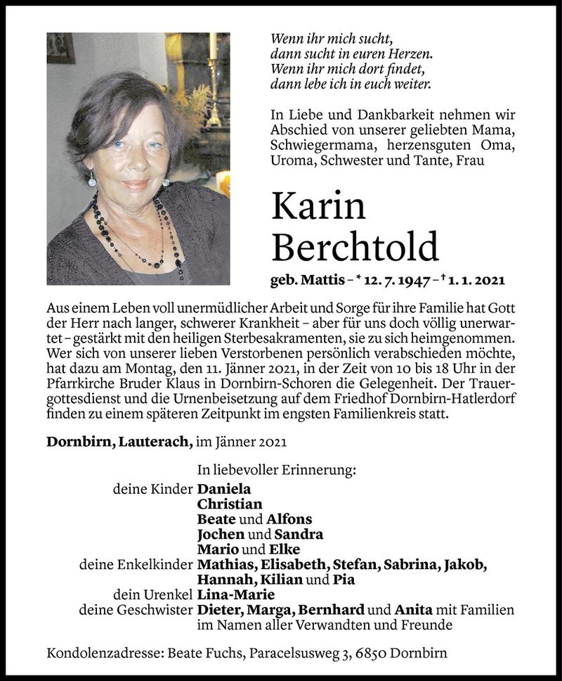  Todesanzeige für Karin Berchtold vom 08.01.2021 aus Vorarlberger Nachrichten