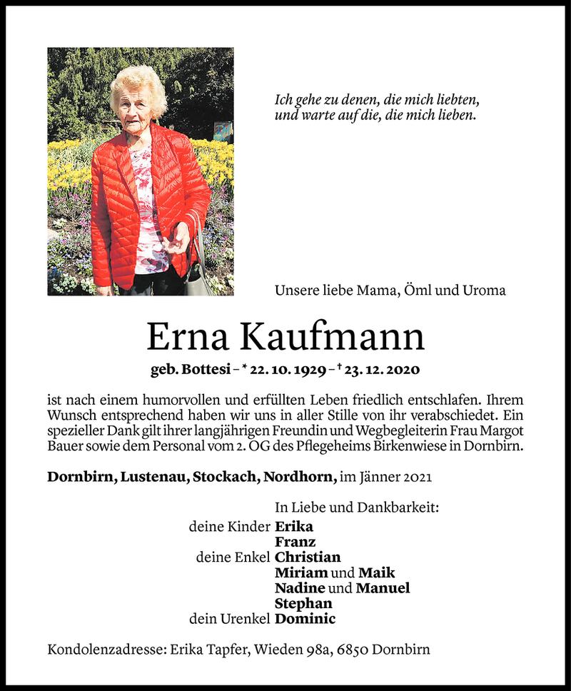  Todesanzeige für Erna Kaufmann vom 09.01.2021 aus Vorarlberger Nachrichten