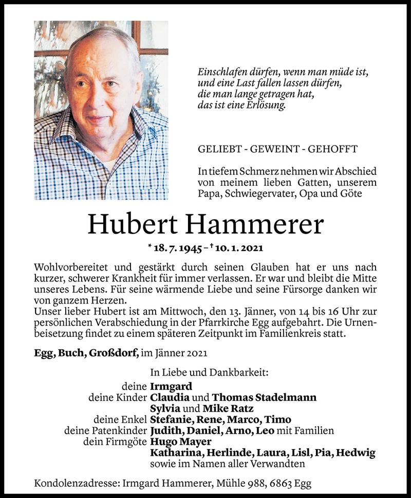  Todesanzeige für Hubert Hammerer vom 11.01.2021 aus Vorarlberger Nachrichten