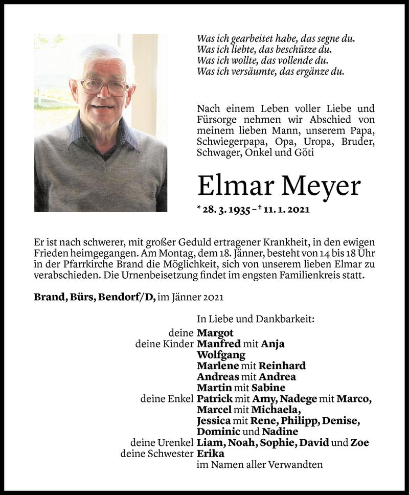  Todesanzeige für Elmar Meyer vom 15.01.2021 aus Vorarlberger Nachrichten