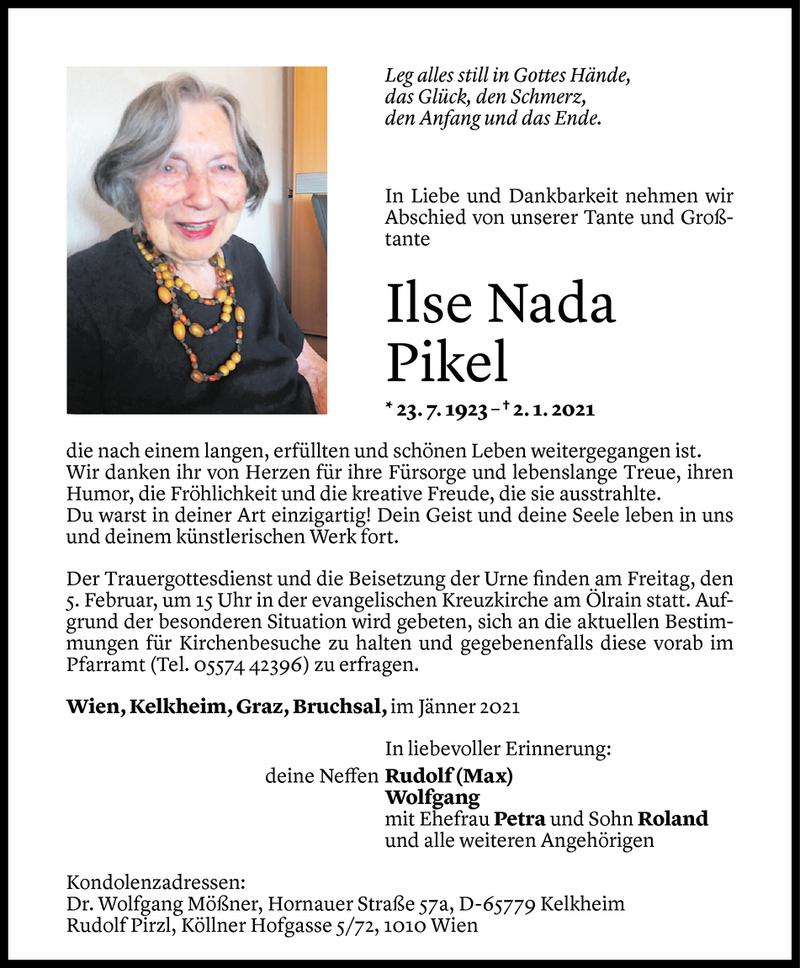  Todesanzeige für Ilse Nada Pikel vom 16.01.2021 aus Vorarlberger Nachrichten