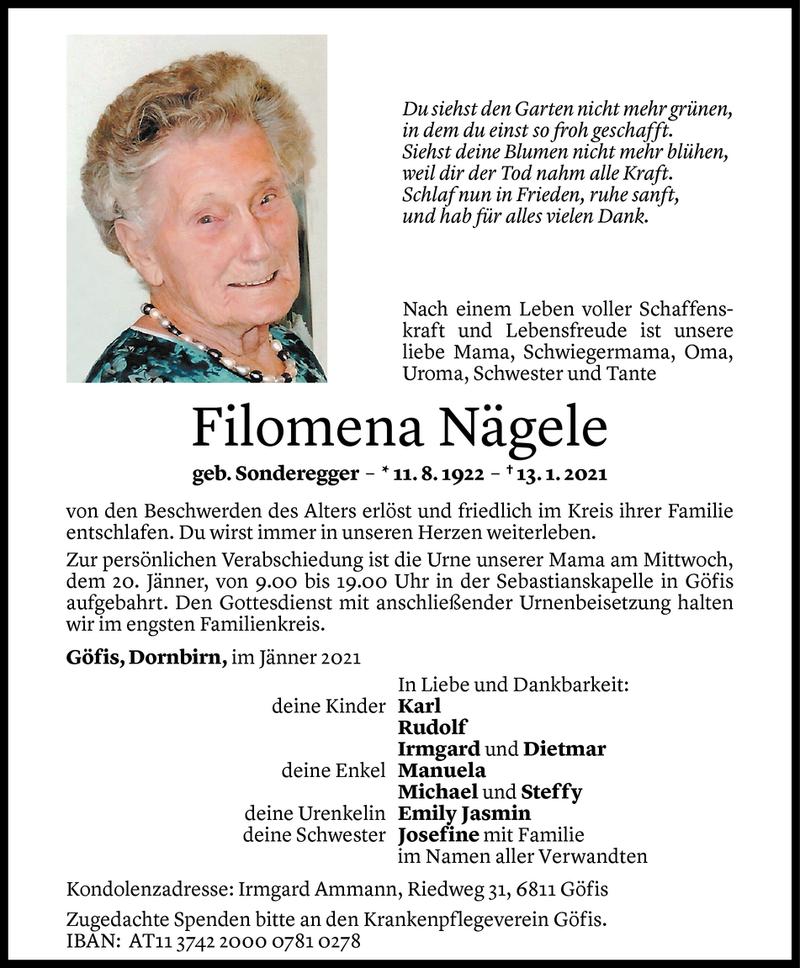  Todesanzeige für Filomena Nägele vom 18.01.2021 aus Vorarlberger Nachrichten