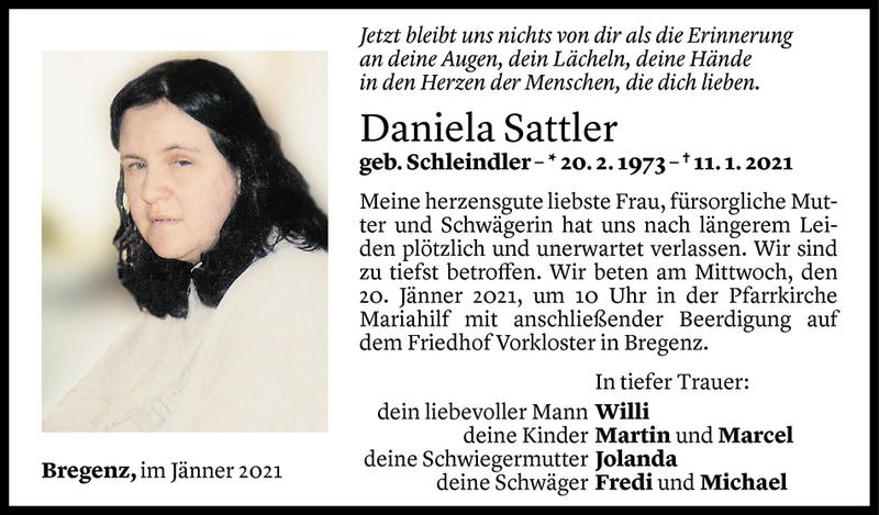  Todesanzeige für Daniela Sattler vom 15.01.2021 aus Vorarlberger Nachrichten