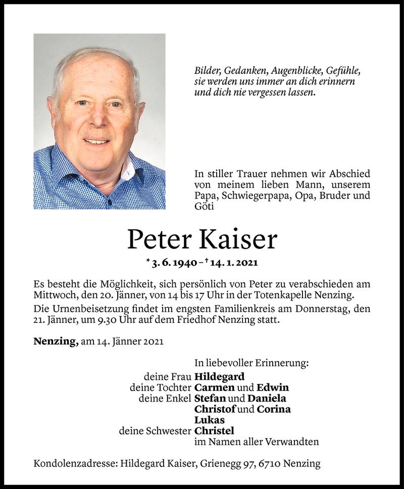  Todesanzeige für Peter Kaiser vom 15.01.2021 aus Vorarlberger Nachrichten