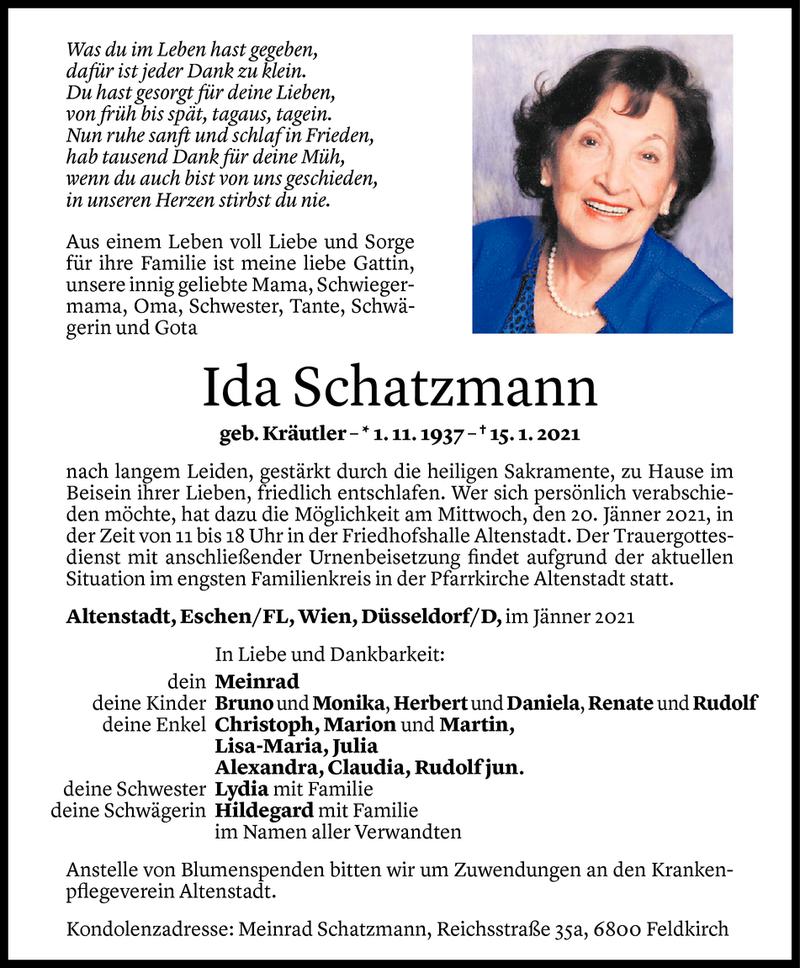  Todesanzeige für Ida Schatzmann vom 18.01.2021 aus Vorarlberger Nachrichten