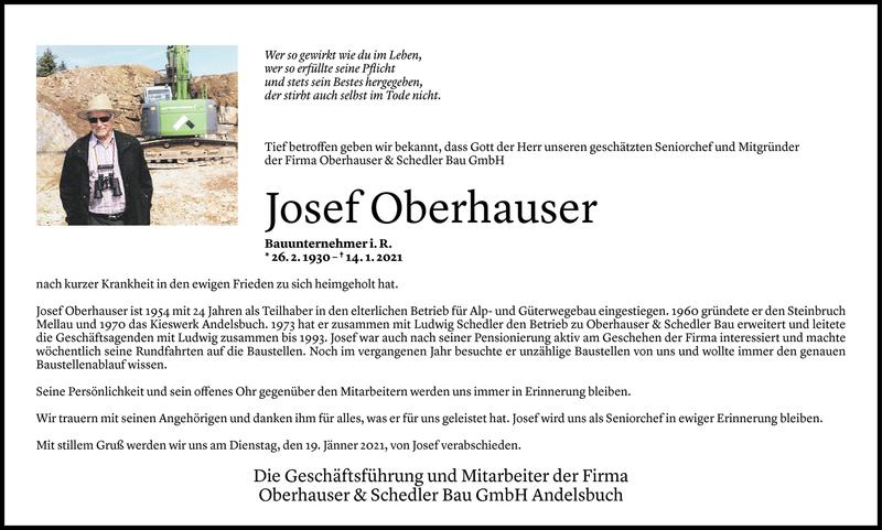  Todesanzeige für Josef Oberhauser vom 18.01.2021 aus Vorarlberger Nachrichten