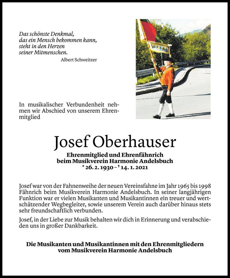  Todesanzeige für Josef Oberhauser vom 18.01.2021 aus Vorarlberger Nachrichten