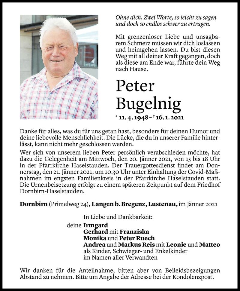  Todesanzeige für Peter Bugelnig vom 18.01.2021 aus Vorarlberger Nachrichten