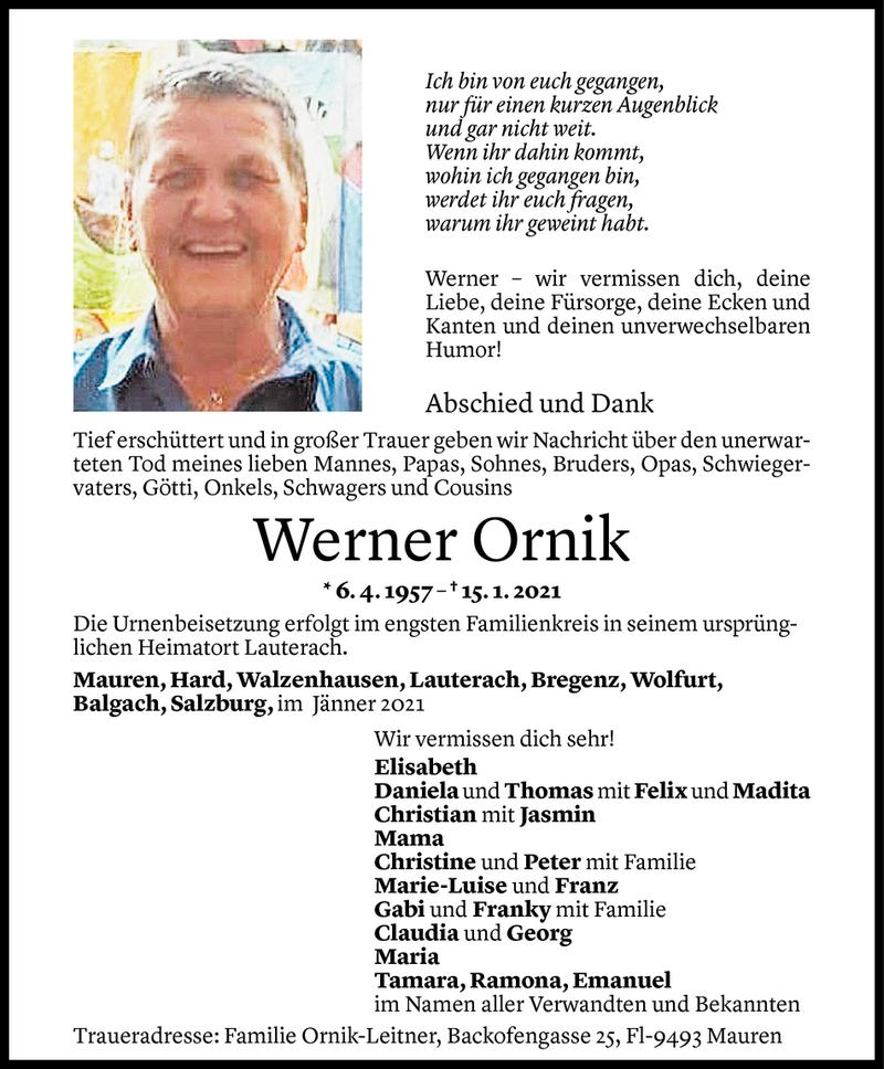  Todesanzeige für Werner Ornik vom 19.01.2021 aus Vorarlberger Nachrichten