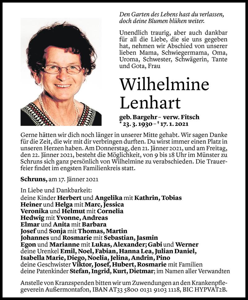  Todesanzeige für Wilhelmine Lenhart vom 18.01.2021 aus Vorarlberger Nachrichten