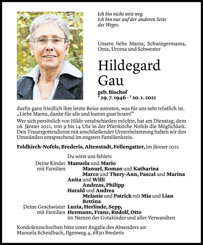  Todesanzeige für Hildegard Gau vom 22.01.2021 aus Vorarlberger Nachrichten