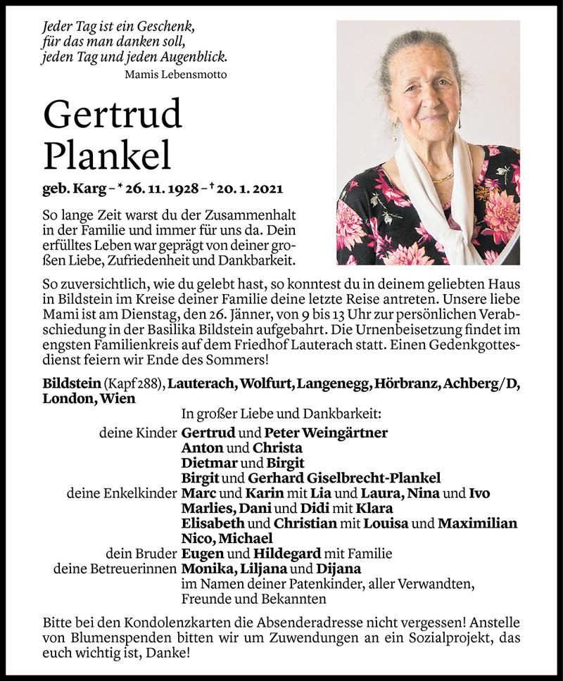  Todesanzeige für Gertrud Plankel vom 22.01.2021 aus Vorarlberger Nachrichten