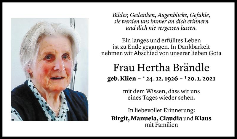  Todesanzeige für Herta Brändle vom 23.01.2021 aus Vorarlberger Nachrichten