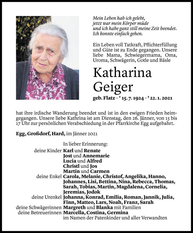  Todesanzeige für Katharina Geiger vom 24.01.2021 aus Vorarlberger Nachrichten