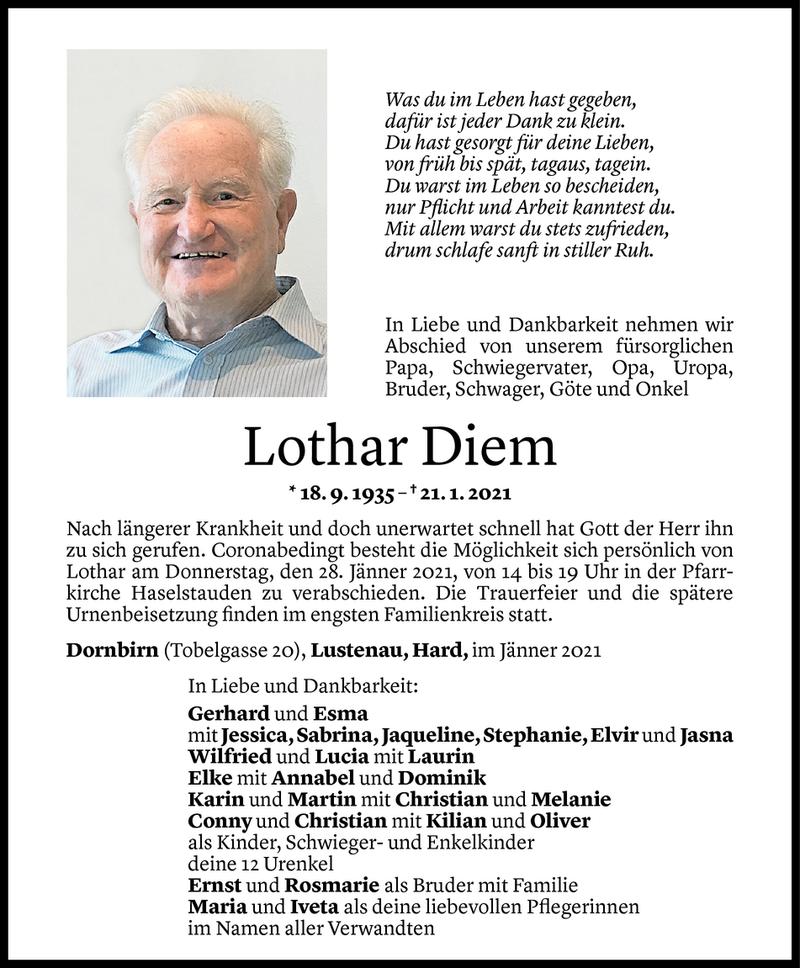  Todesanzeige für Lothar Diem vom 25.01.2021 aus Vorarlberger Nachrichten