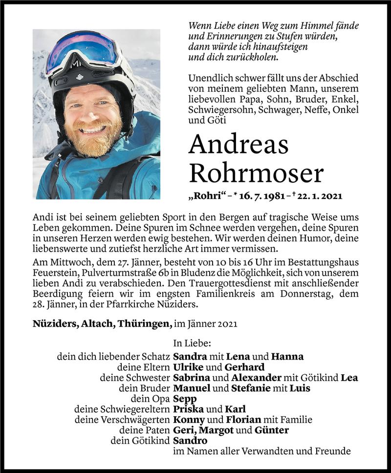  Todesanzeige für Andreas Rohrmoser vom 26.01.2021 aus Vorarlberger Nachrichten
