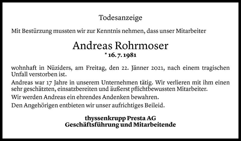  Todesanzeige für Andreas Rohrmoser vom 26.01.2021 aus Vorarlberger Nachrichten