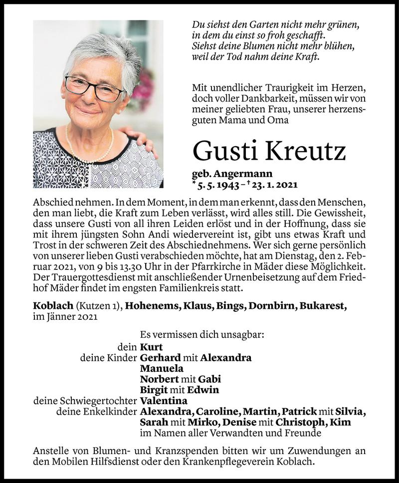  Todesanzeige für Gusti Kreutz vom 29.01.2021 aus Vorarlberger Nachrichten