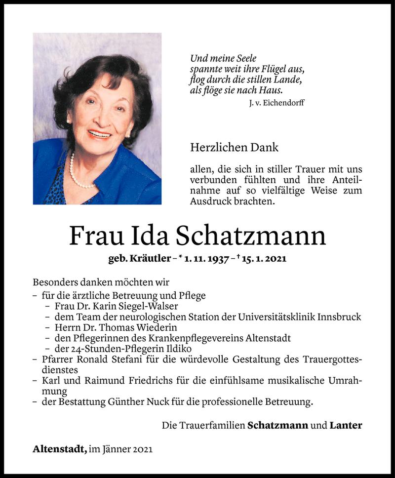  Todesanzeige für Ida Schatzmann vom 31.01.2021 aus Vorarlberger Nachrichten