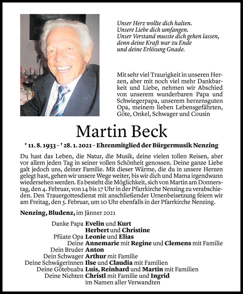  Todesanzeige für Martin Beck vom 31.01.2021 aus Vorarlberger Nachrichten