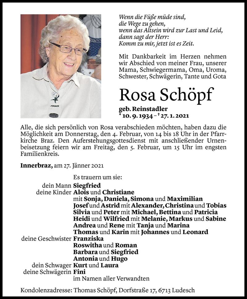  Todesanzeige für Rosa Schöpf vom 02.02.2021 aus Vorarlberger Nachrichten