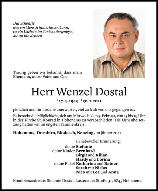 Todesanzeigen von Wenzel Dostal | Todesanzeigen Vorarlberger Nachrichten