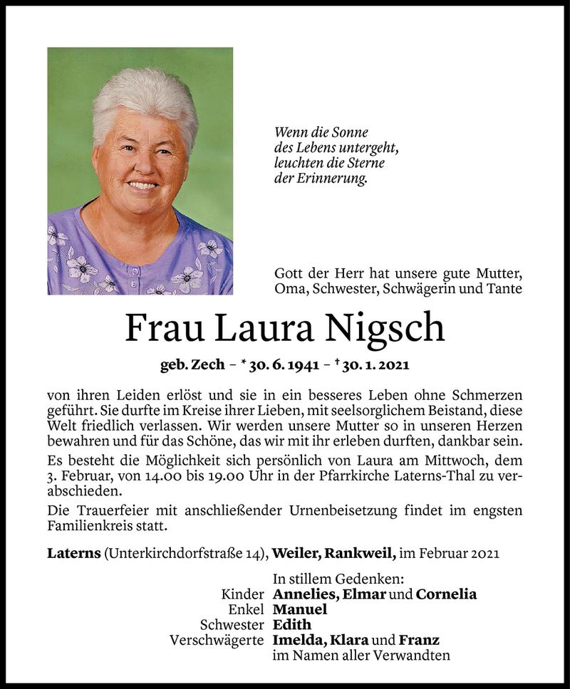  Todesanzeige für Laura Nigsch vom 02.02.2021 aus Vorarlberger Nachrichten