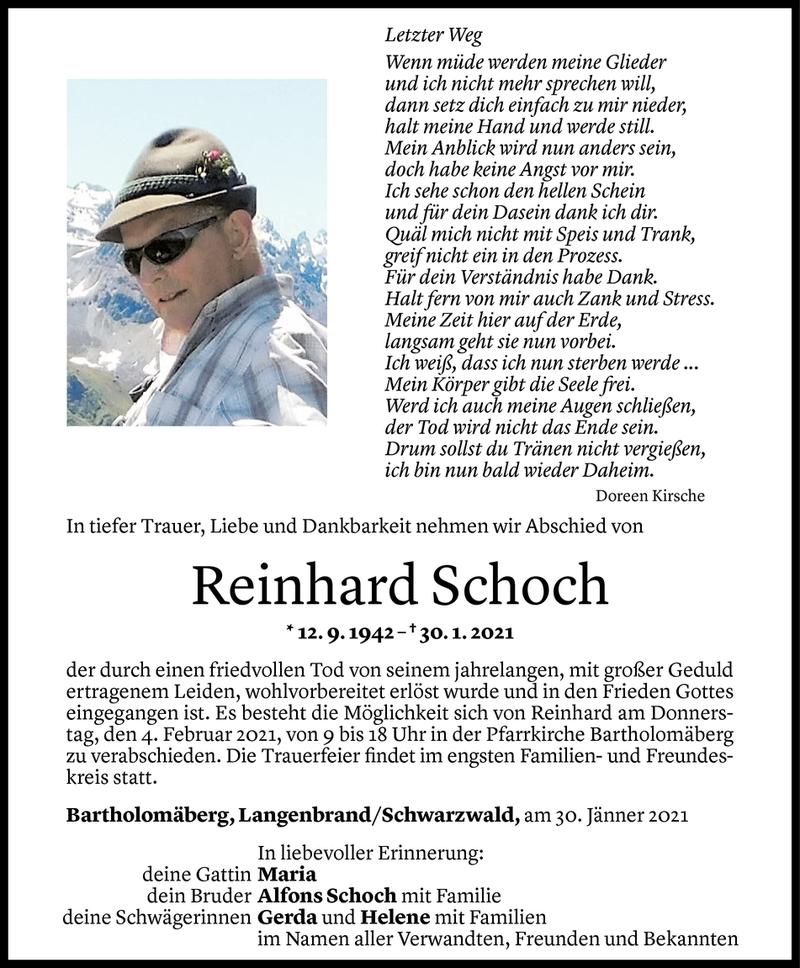  Todesanzeige für Reinhard Schoch vom 02.02.2021 aus Vorarlberger Nachrichten