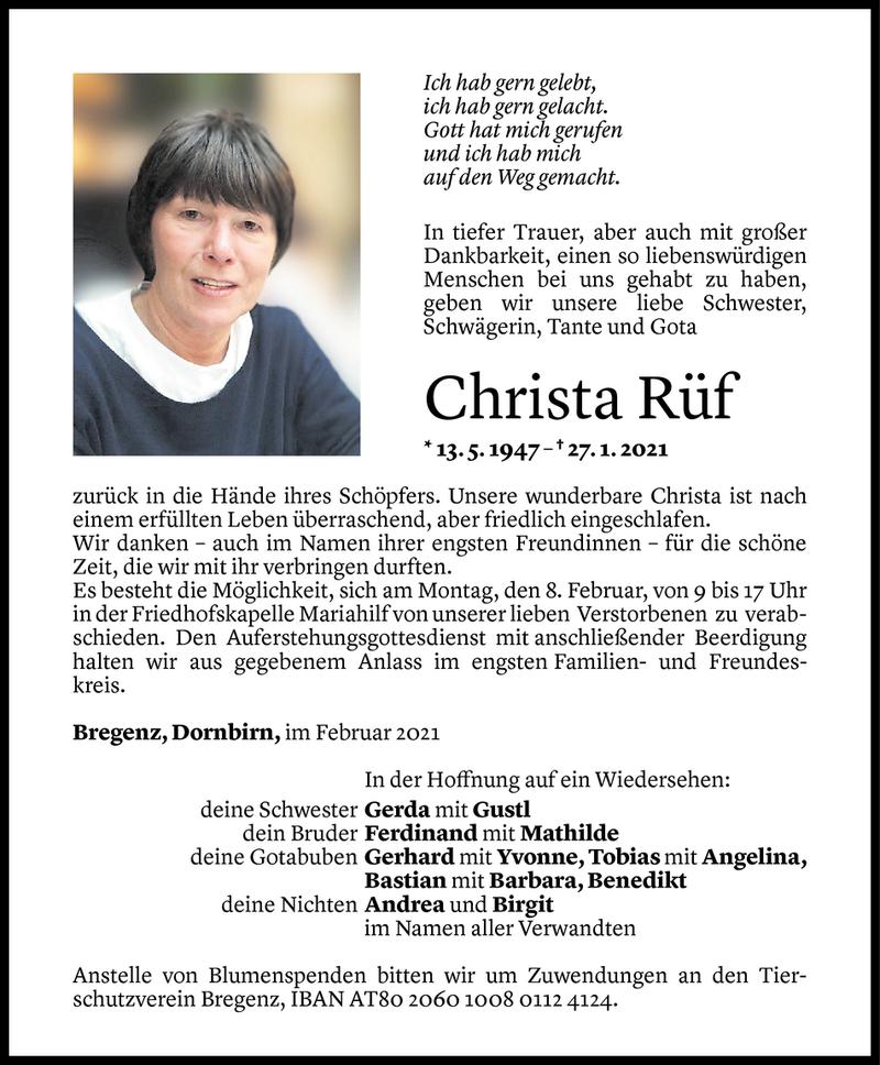 Todesanzeigen Von Christa Rüf | Todesanzeigen Vorarlberger Nachrichten